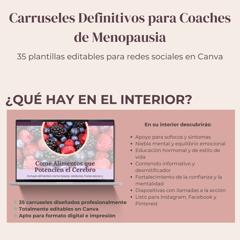 Carruseles Definitivos para Coaches de Menopausia  35 plantillas editables en Canva para educación, apoyo y conexión con clientas