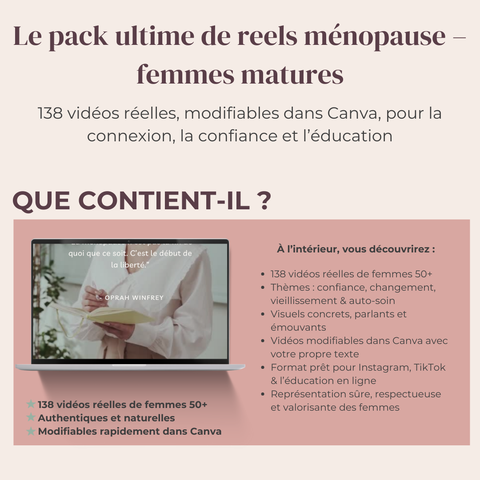 Les Reels Ultimes de Femmes Matures en Ménopause  138 vidéos réelles, modifiables sur Canva, pour la connexion, la confiance & l’éducation