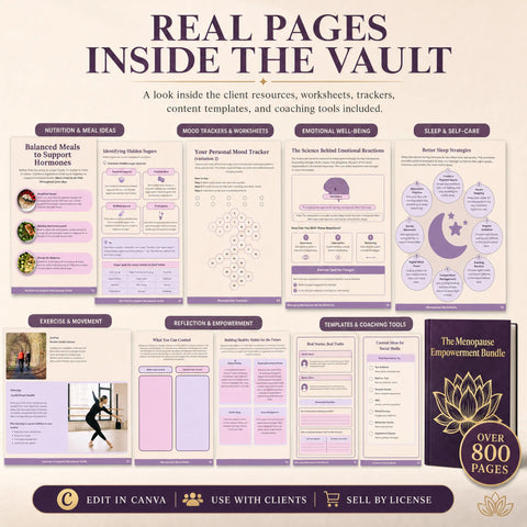 Menopause Coach Canva Vault — Client Resources, Social Content & License Options