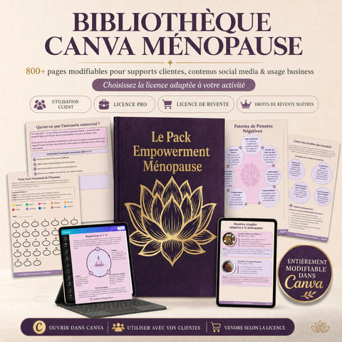Bibliothèque Canva pour coachs en ménopause – supports clientes, contenus social media & options de licence