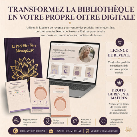 Bibliothèque Canva pour coachs en ménopause – supports clientes, contenus social media & options de licence
