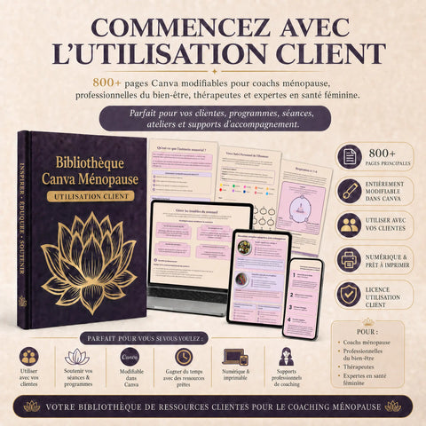 Bibliothèque Canva pour coachs en ménopause – supports clientes, contenus social media & options de licence